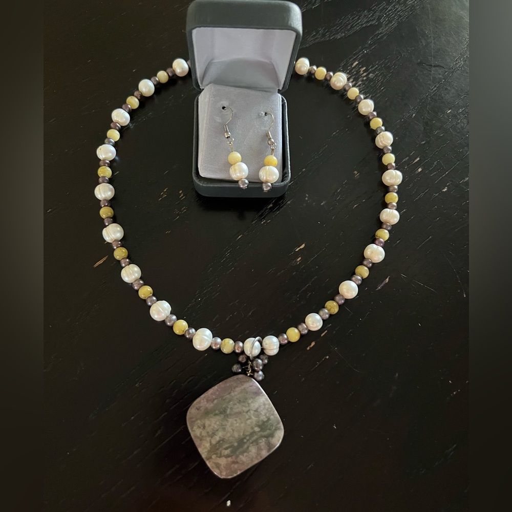 Handmade stone and bead necklace and earrings set